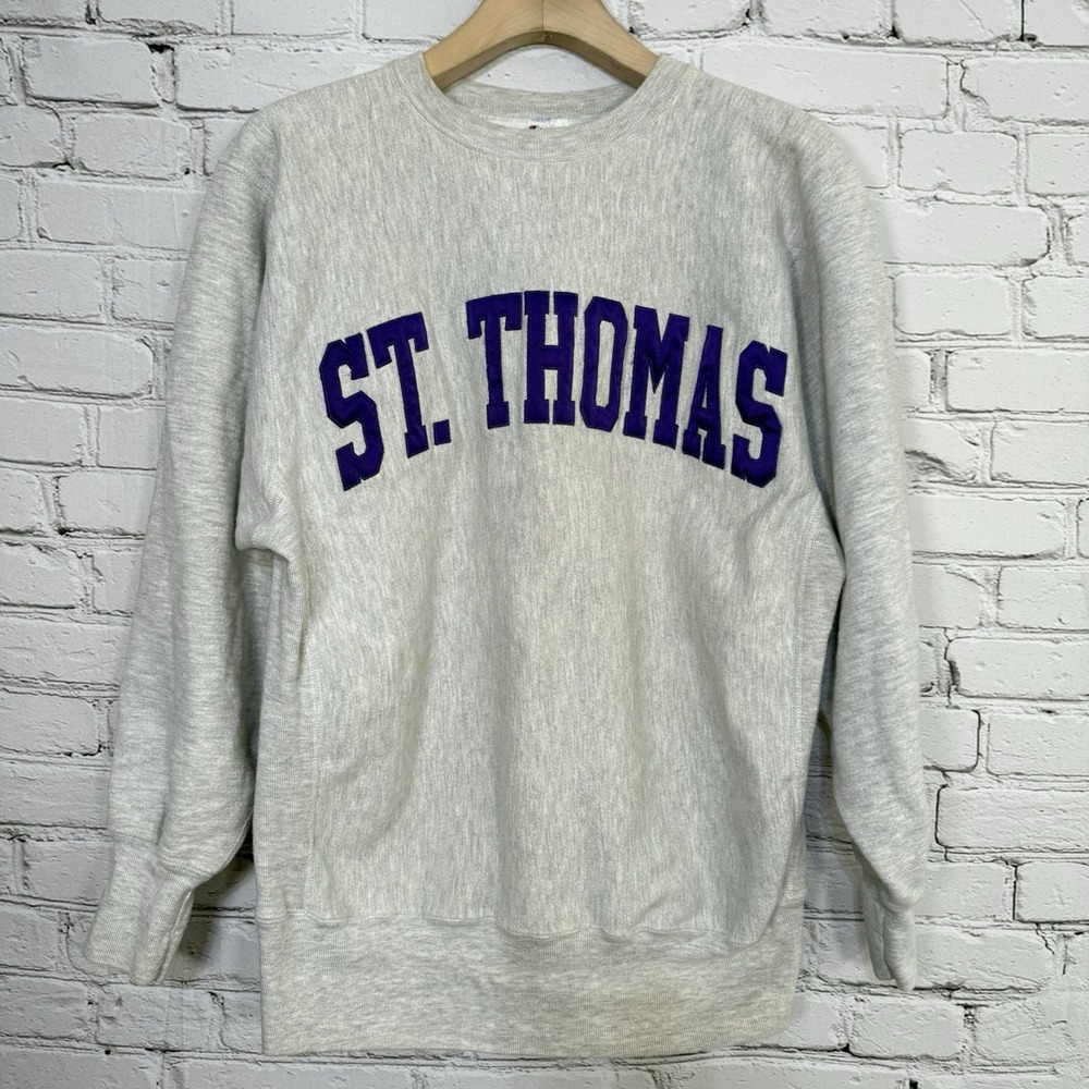 Champion Light Gray Crewneck Sweatshirt with Purple "ST. THOMAS" Arch